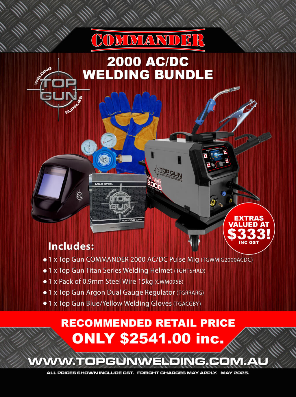 EOFY Top Gun Commander 2000 Synergic Pulse Mig, AC/DC Tig & Stick Welder Bundle