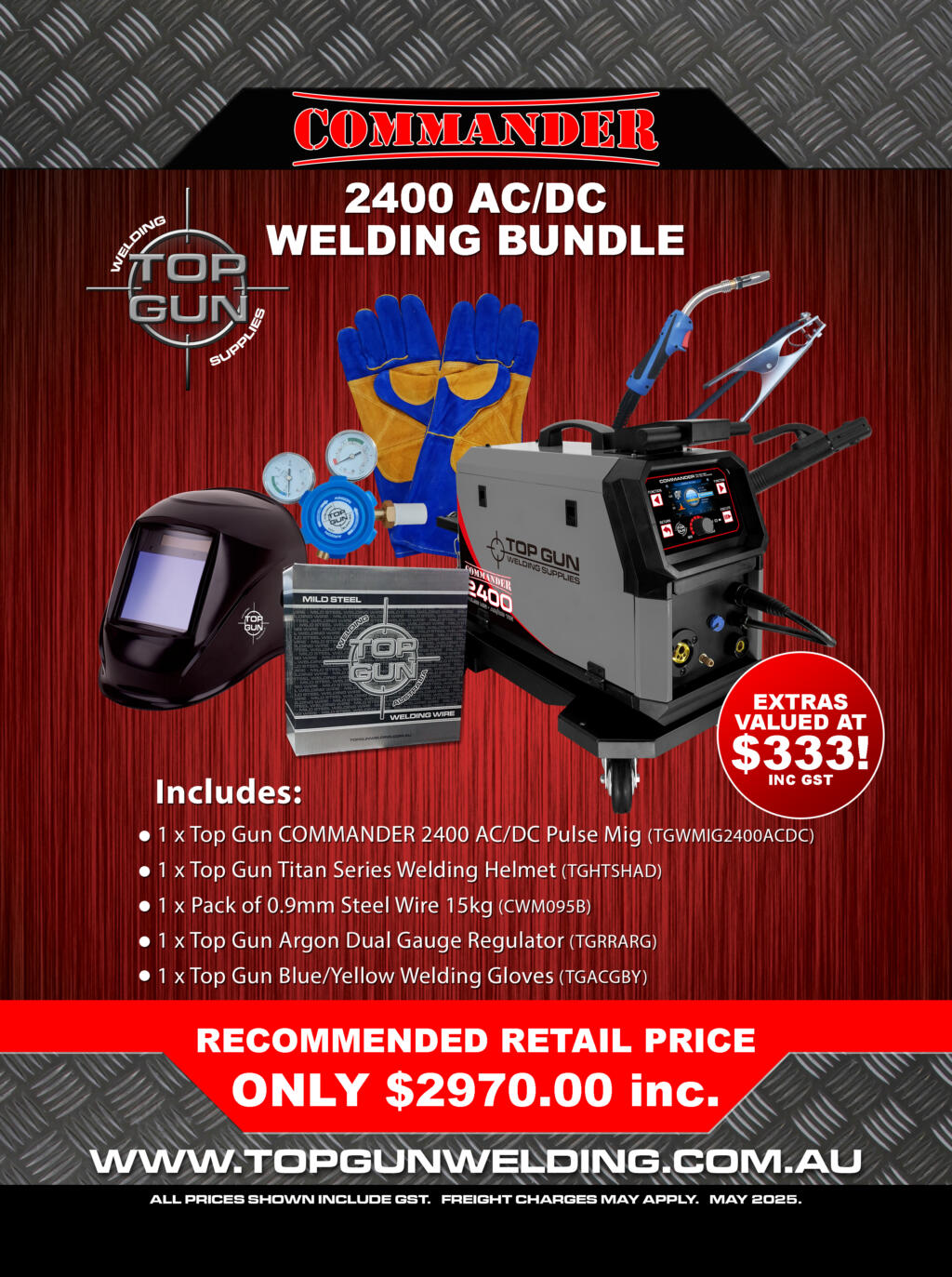 EOFY Top Gun Commander 2400 Synergic Pulse Mig, AC/DC Tig & Stick Welder Bundle